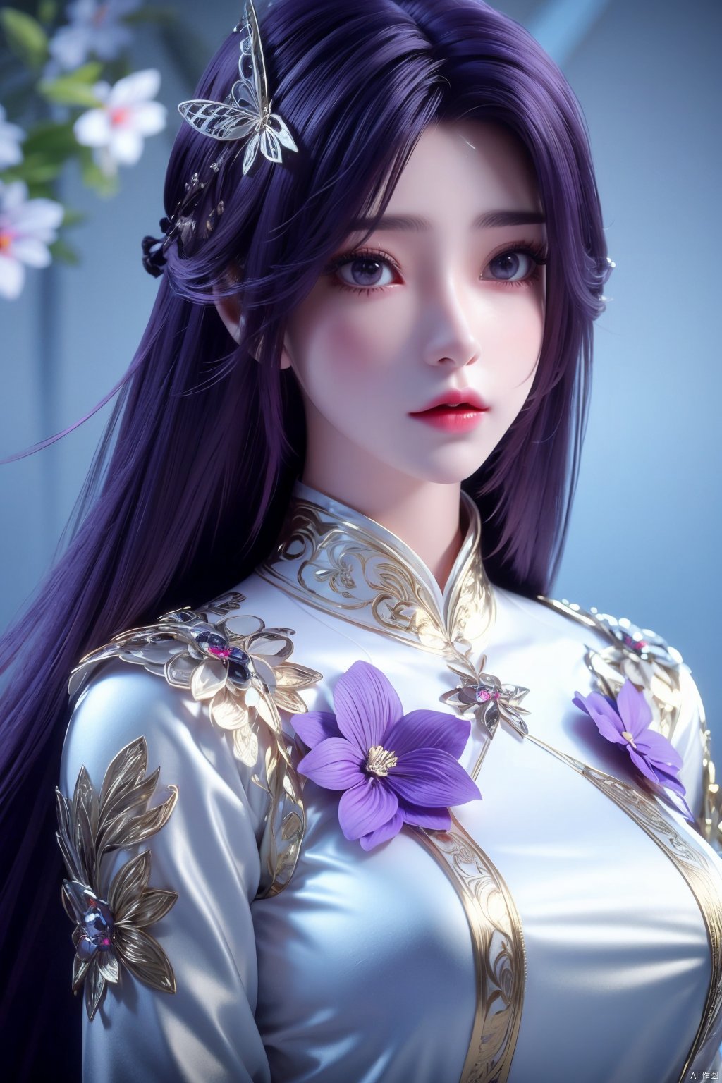 masterpiece, best quality,1girl, hair ornament, solo, long hair, purple hair, realistic, flower, upper body, , closed mouth, lips,Xyunxi,, (big breasts:1.29)