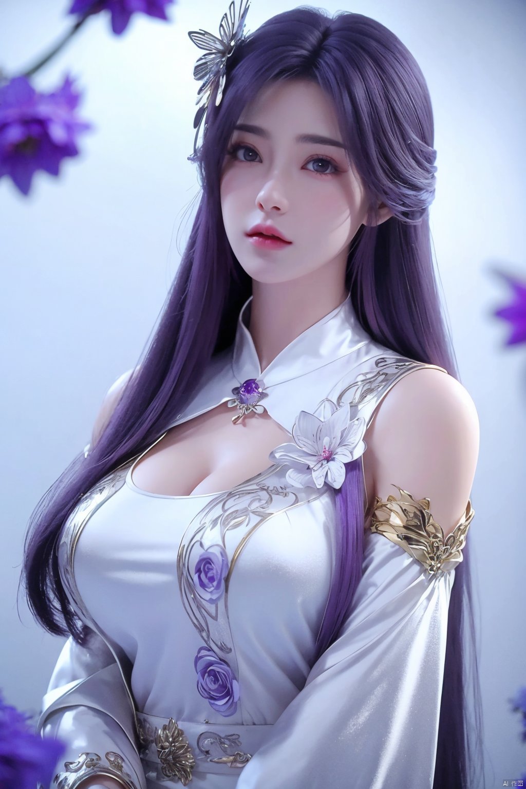 masterpiece, best quality,1girl, hair ornament, solo, long hair, purple hair, realistic, flower, upper body, , closed mouth, lips,Xyunxi,, (big breasts:1.29)