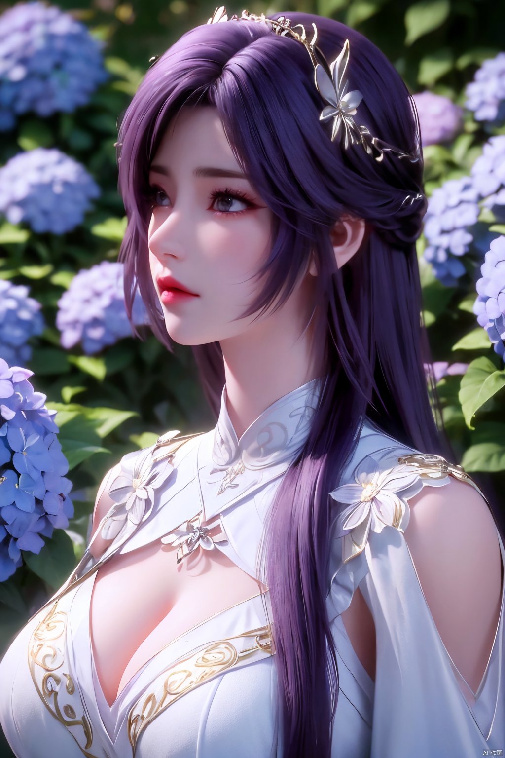 masterpiece, best quality,1girl, hair ornament, solo, long hair, purple hair, realistic, flower, upper body, , closed mouth, lips,Xyunxi,, (big breasts:1.29),depth of field,X-Hydrangea,xhuolinger,Xsulingyun, Yunxiao_Fairy