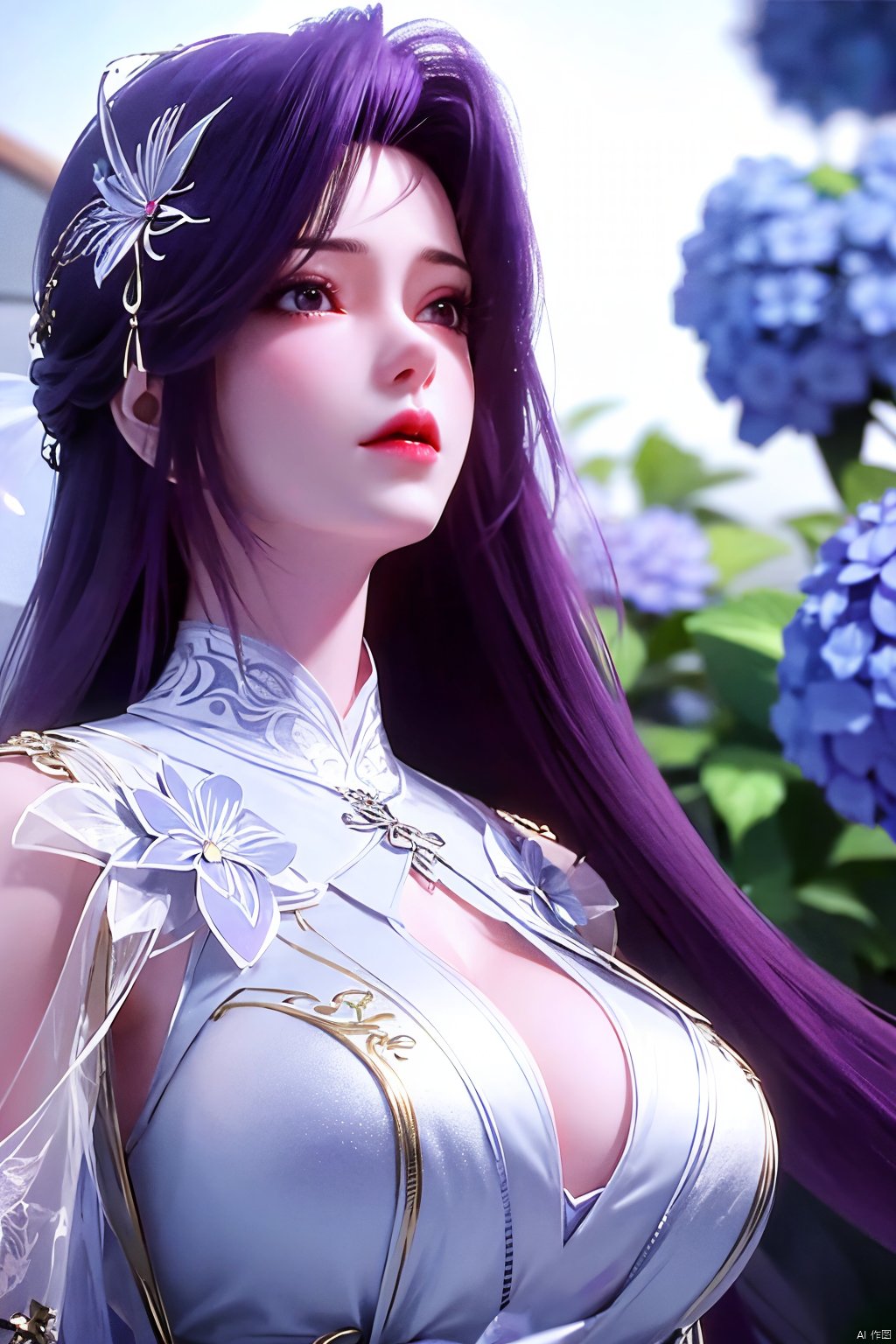 masterpiece, best quality,1girl, hair ornament, solo, long hair, purple hair, realistic, flower, upper body, , closed mouth, lips,Xyunxi,, (big breasts:1.29),depth of field,X-Hydrangea,xhuolinger,Xsulingyun, Yunxiao_Fairy