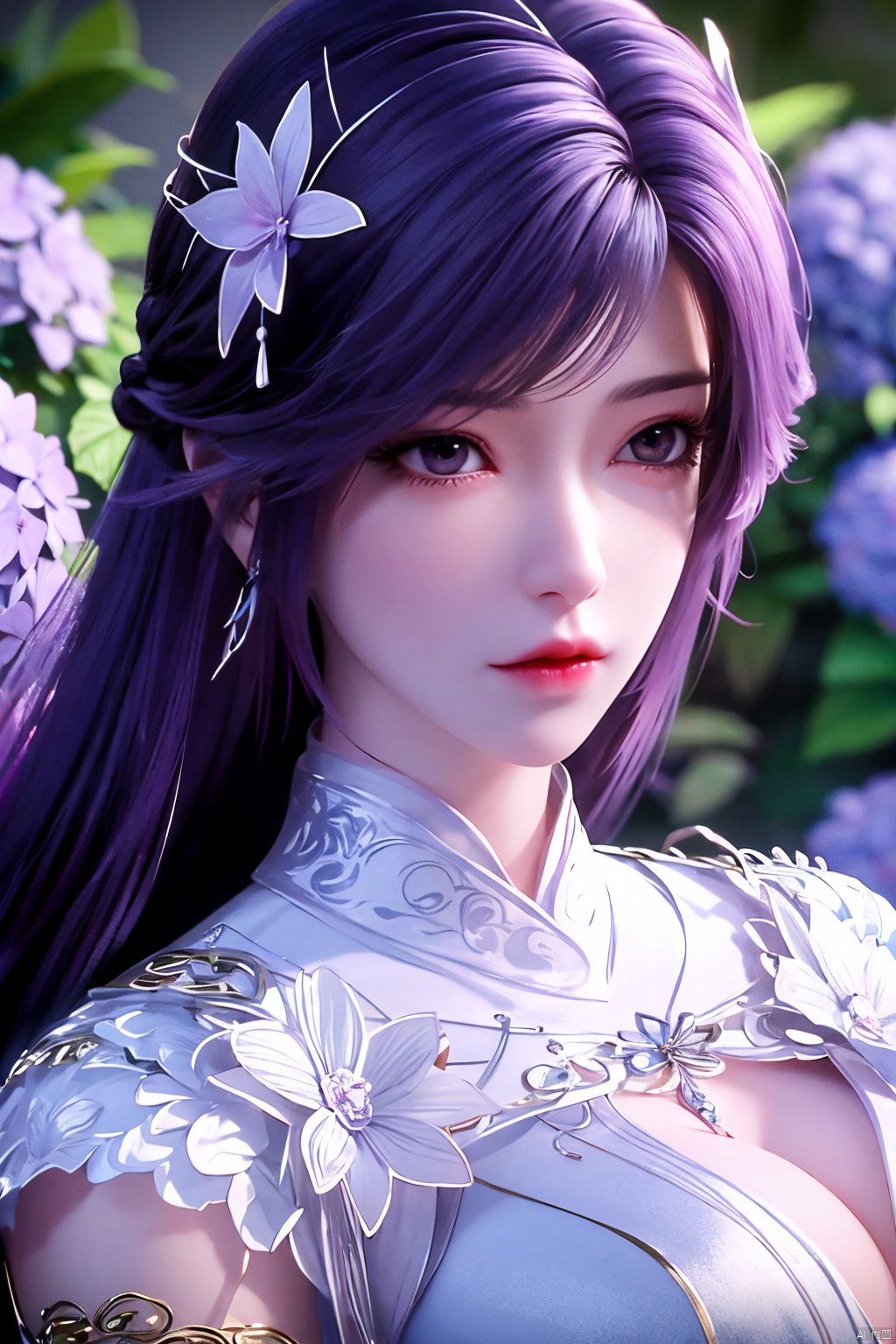 masterpiece, best quality,1girl, hair ornament, solo, long hair, purple hair, realistic, flower, upper body, , closed mouth, lips,Xyunxi,, (big breasts:1.29),depth of field,X-Hydrangea,xhuolinger,Xsulingyun, Yunxiao_Fairy