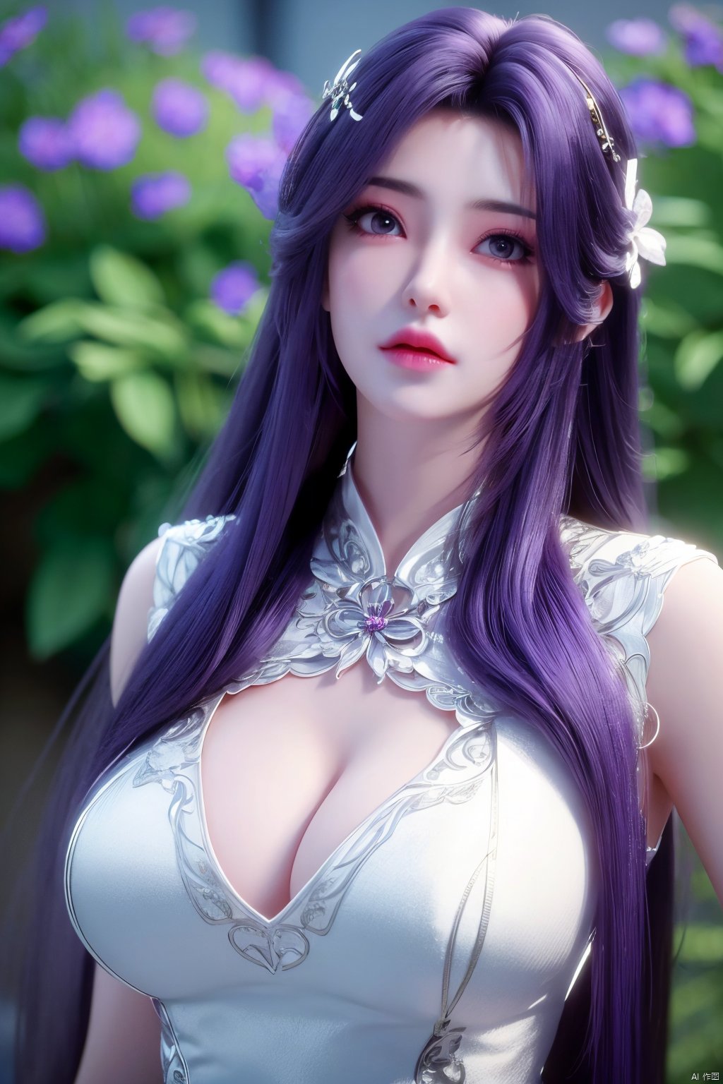 masterpiece, best quality,1girl, hair ornament, solo, long hair, purple hair, realistic, flower, upper body, , closed mouth, lips,Xyunxi,, (big breasts:1.29),depth of field