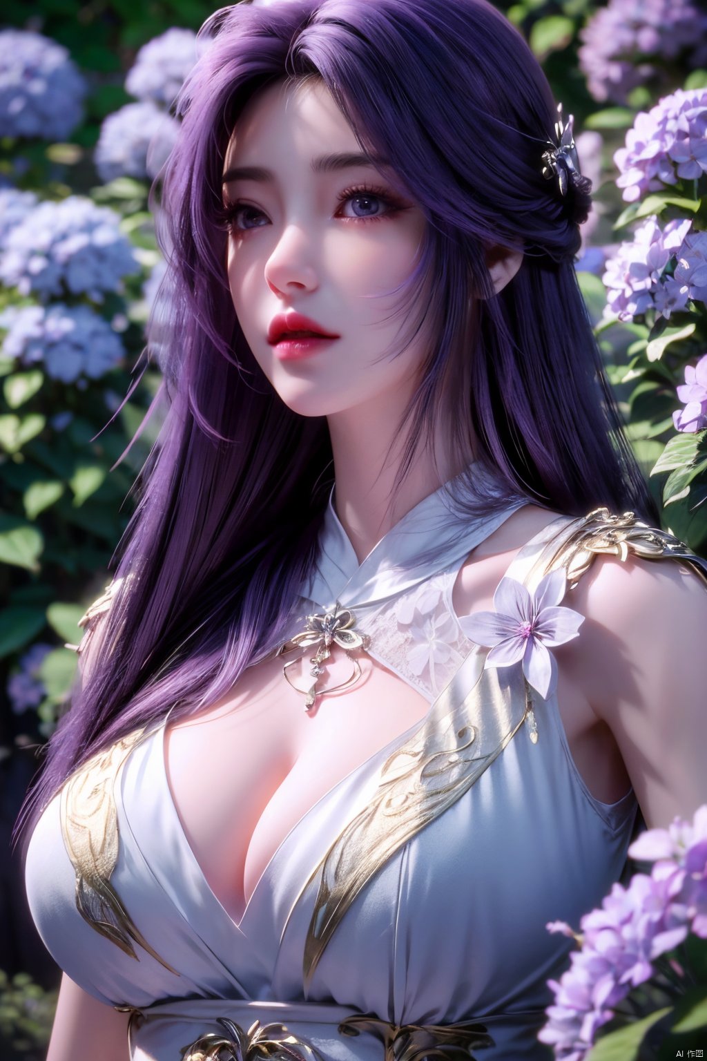 masterpiece, best quality,1girl, hair ornament, solo, long hair, purple hair, realistic, flower, upper body, , closed mouth, lips,Xyunxi,, (big breasts:1.39),depth of field,X-Hydrangea,xhuolinger,Xsulingyun, Yunxiao_Fairy