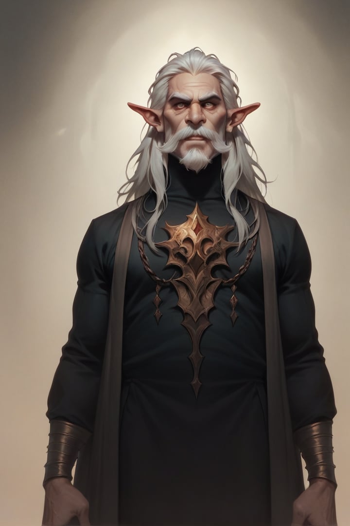 score_9,score_8_up,score_7_up, solo, 1man, old man, tall,thin, long white mustache, no beard, pointed ears, sharp teeth, all-black clothes, newhorrorfantasy_style