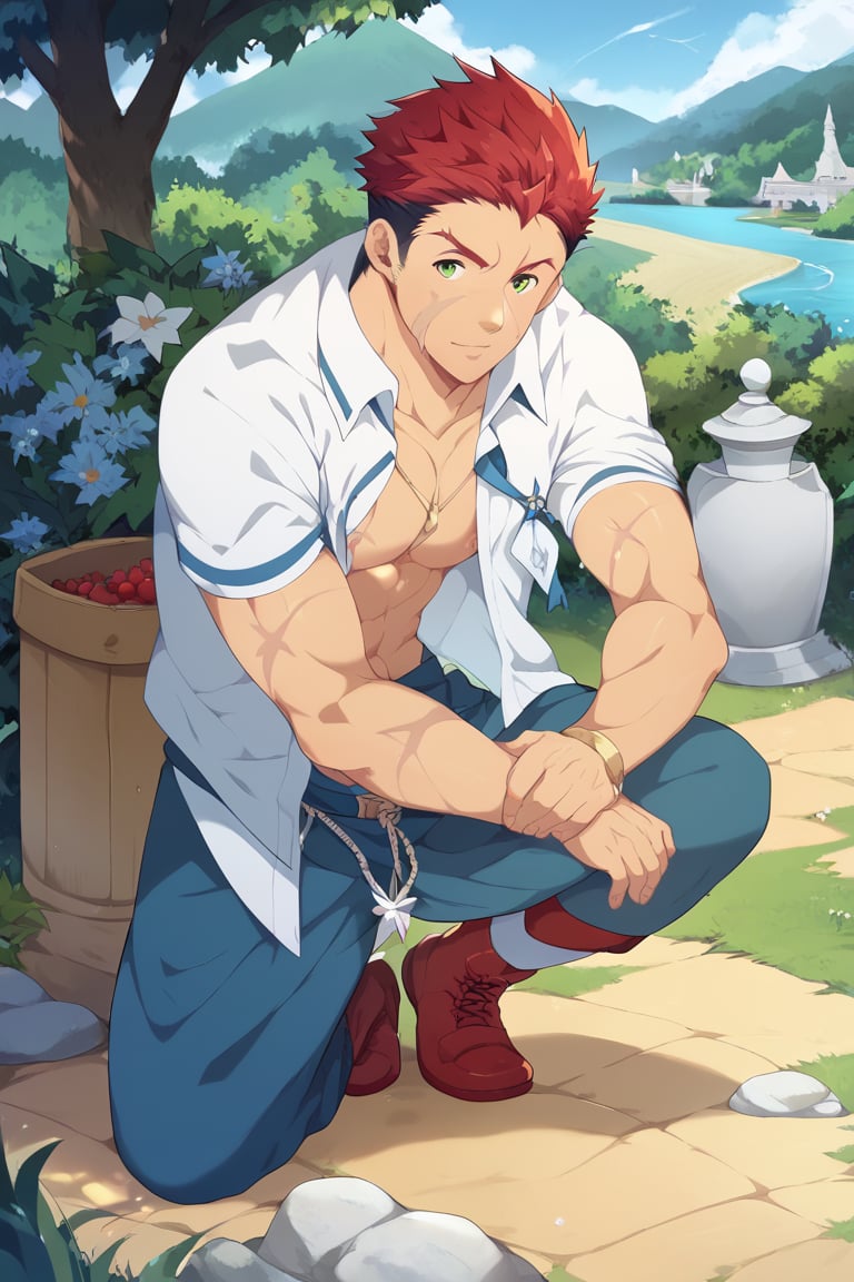 score_9, score_8_up, masterpiece, best quality, best aesthetic, perfect anatomy, perfect proportions, high_resolution, full body, 1boy, solo male, focus male, ,oguto, red hair, green eyes, scar on face,