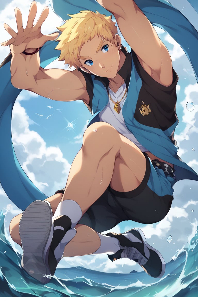 score_9, score_8_up, masterpiece, best quality, best aesthetic, perfect anatomy, perfect proportions, high_resolution, full body, 1boy, solo male, focus male, clim, blonde hair, blue eyes, short-hair, 