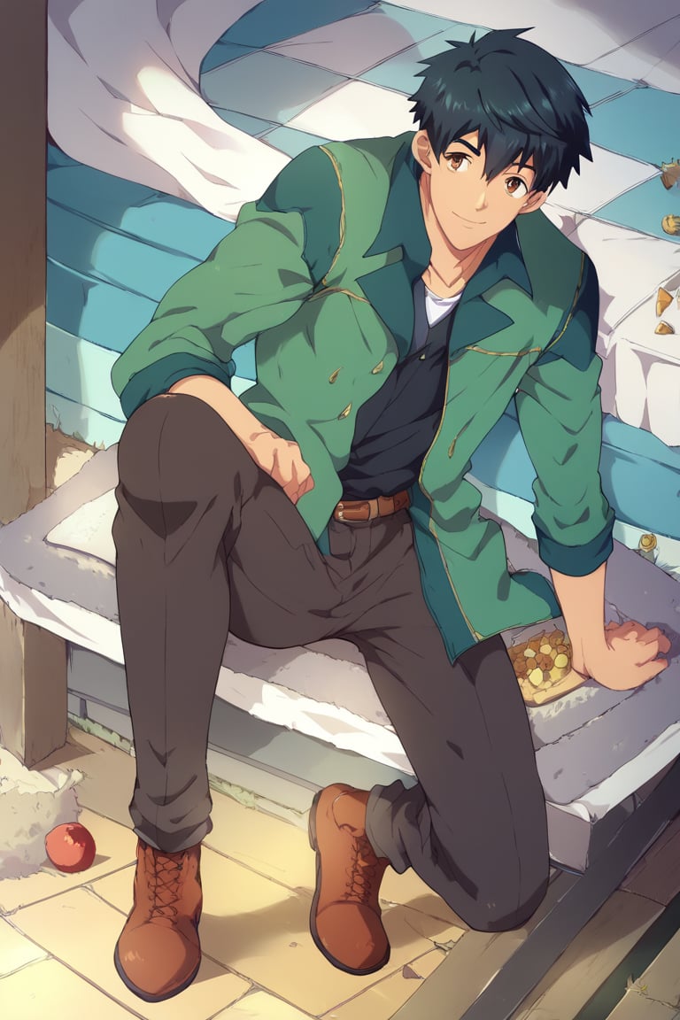 score_9, score_8_up, masterpiece, best quality, best aesthetic, perfect anatomy, perfect proportions, high_resolution, full body, 1boy, solo male, focus male,  mukodatsuyoshi, black hair, brown eyes,