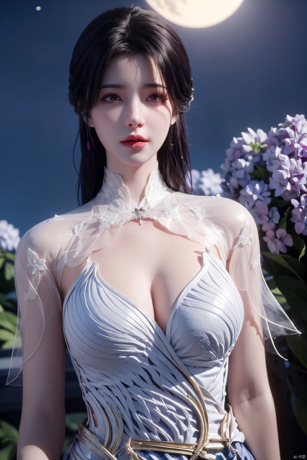 masterpiece, best quality,1girl, hair ornament, solo, purple hair, realistic, flower,perfect body,xyunxi,full moon, octane render, (big breasts:1.29),Xyunxi,x-hydrangea, desert_sky,xhuolinger,xyunluo,depth of field