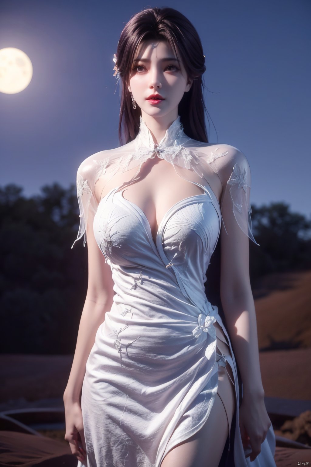 masterpiece, best quality,1girl, hair ornament, solo, purple hair, realistic, flower,perfect body,xyunxi,full moon, octane render, (big breasts:1.29),Xyunxi,x-hydrangea, desert_sky,xhuolinger,xyunluo