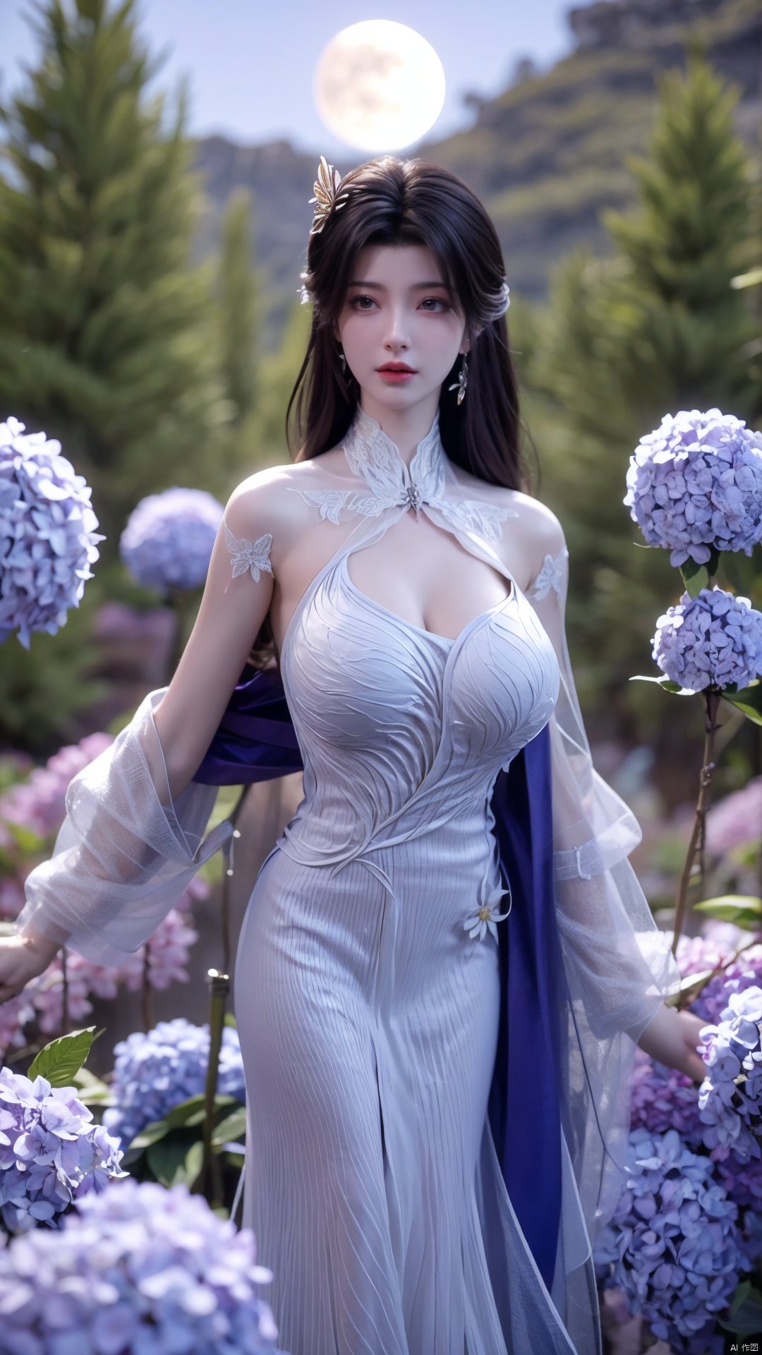 masterpiece, best quality,1girl, hair ornament, solo, long hair, blurry background, realistic, flower,full body, blurry, closed mouth, lips,xyunxi,full moon, octane render, (big breasts:1.29),x-hydrangea, desert_sky,xhuolinger,xyunluo,Xyunxi