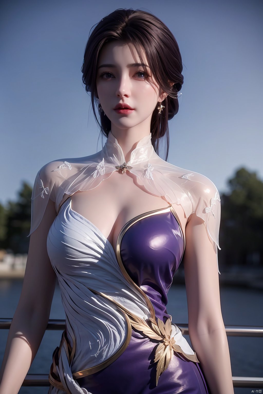 masterpiece, best quality,1girl, hair ornament, solo, purple hair, realistic, flower,perfect body,xyunxi,full moon, octane render, (big breasts:1.29),Xyunxi