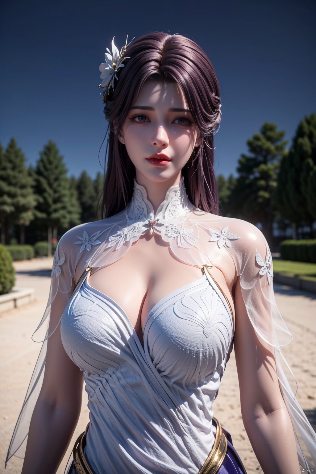 masterpiece, best quality,1girl, hair ornament, solo, purple hair, realistic, flower,perfect body,xyunxi,full moon, octane render, (big breasts:1.29),Xyunxi,x-hydrangea, desert_sky,xhuolinger,xyunluo,depth of field,girl