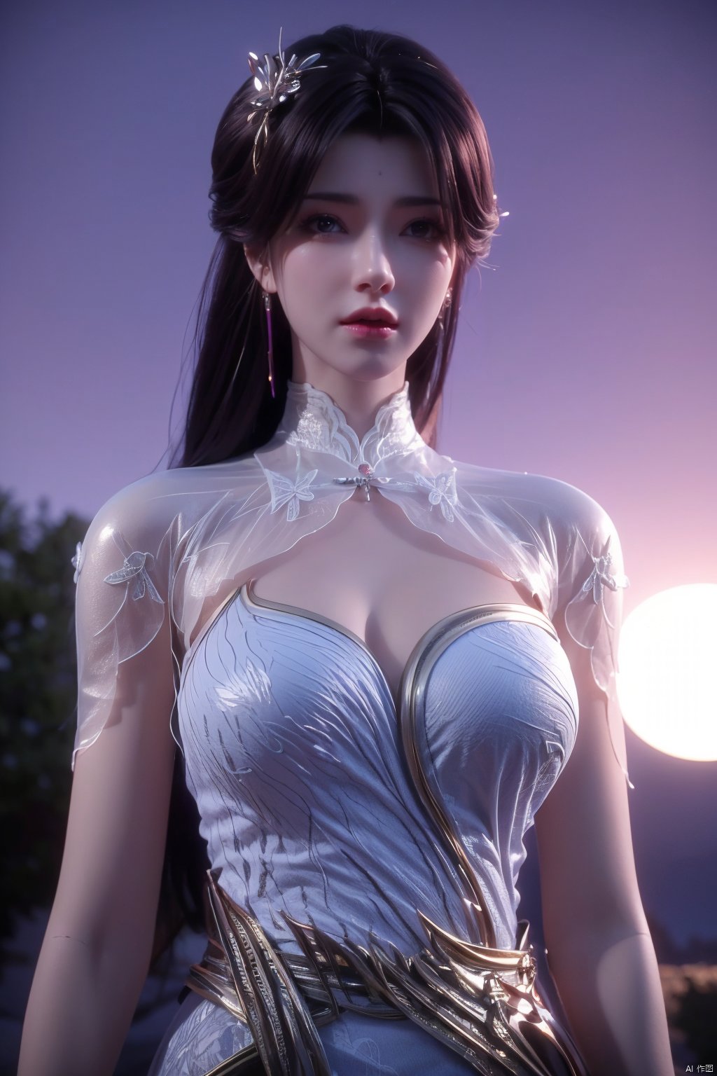 masterpiece, best quality,1girl, hair ornament, solo, purple hair, realistic, flower,perfect body,xyunxi,full moon, octane render, (big breasts:1.29),Xyunxi,x-hydrangea, desert_sky,xhuolinger,xyunluo,depth of field