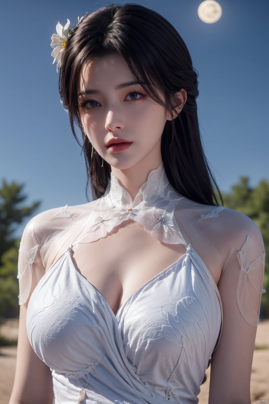 masterpiece, best quality,1girl, hair ornament, solo, purple hair, realistic, flower,perfect body,xyunxi,full moon, octane render, (big breasts:1.29),Xyunxi,x-hydrangea, desert_sky,xhuolinger,xyunluo,depth of field