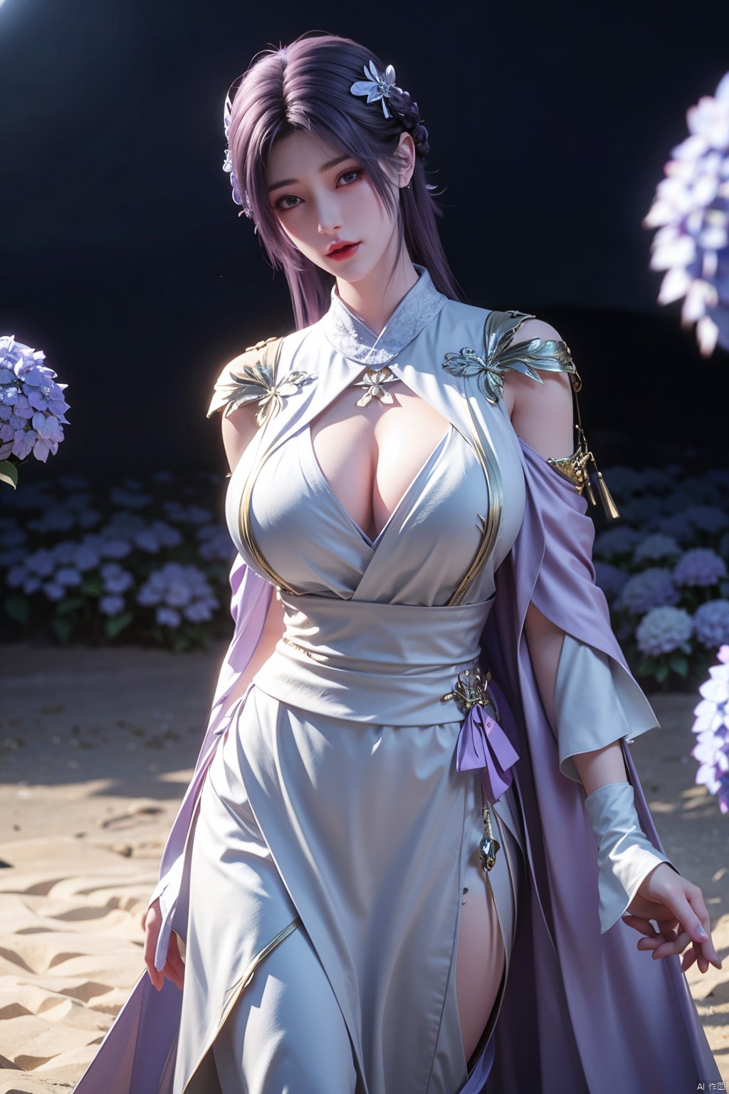 masterpiece, best quality,1girl, hair ornament, solo, purple hair, realistic, flower,perfect body,xyunxi,full moon, octane render, (big breasts:1.29),Xyunxi,x-hydrangea, desert_sky,xhuolinger,xyunluo,depth of field,girl