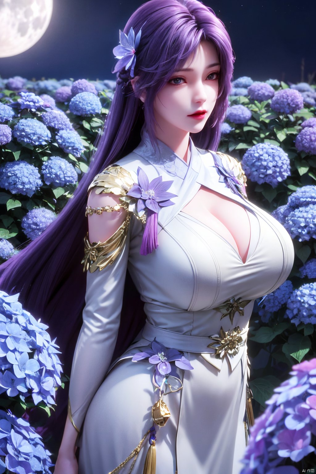 masterpiece, best quality,1girl, hair ornament, solo, purple hair, realistic, flower,perfect body,xyunxi,full moon, octane render, (big breasts:1.29),Xyunxi,x-hydrangea, desert_sky,xhuolinger,xyunluo,depth of field,girl