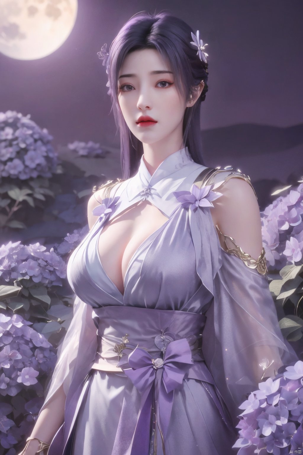 masterpiece, best quality,1girl, hair ornament, solo, purple hair, realistic, flower,perfect body,xyunxi,full moon, octane render, (big breasts:1.29),Xyunxi,x-hydrangea, desert_sky,xhuolinger,xyunluo,depth of field,girl