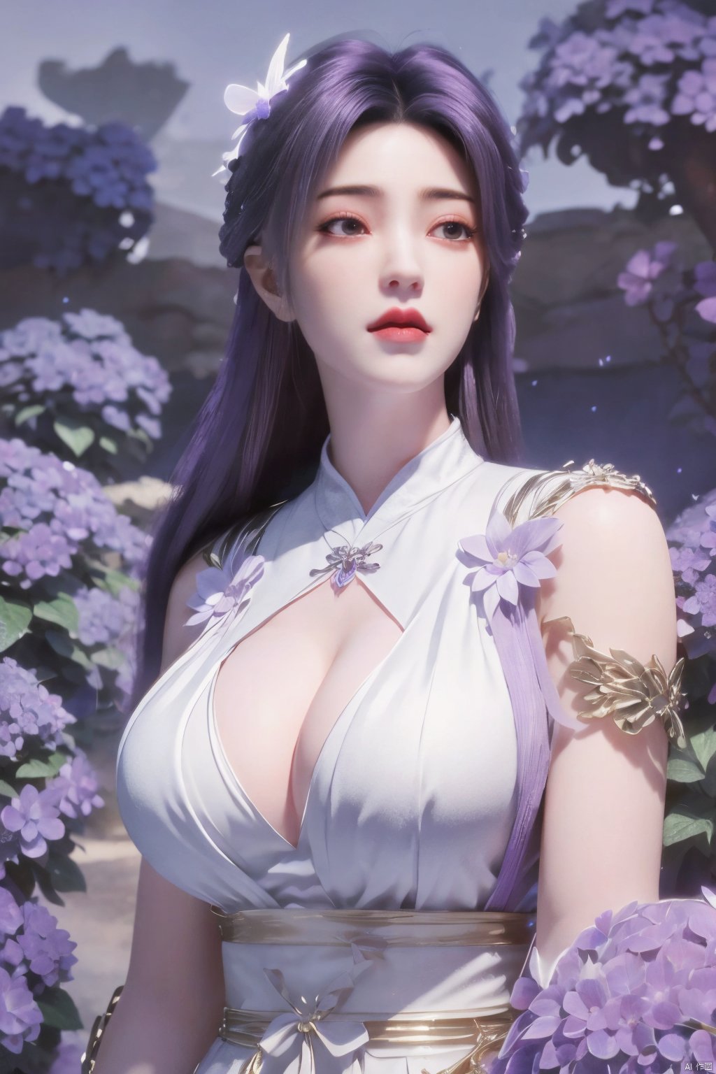 masterpiece, best quality,1girl, hair ornament, solo, purple hair, realistic, flower,perfect body,xyunxi,full moon, octane render, (big breasts:1.29),Xyunxi,x-hydrangea, desert_sky,xhuolinger,xyunluo,depth of field,girl