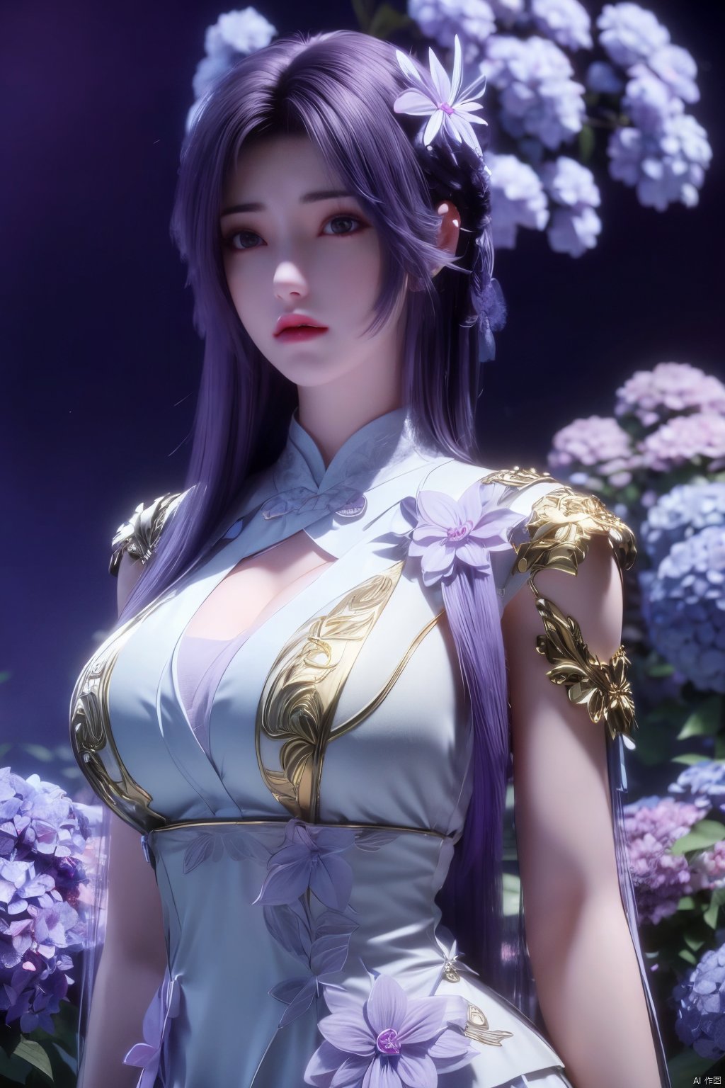 masterpiece, best quality,1girl, hair ornament, solo, purple hair, realistic, flower,perfect body,xyunxi,full moon, octane render, (big breasts:1.29),Xyunxi,x-hydrangea, desert_sky,xhuolinger,xyunluo,depth of field,girl