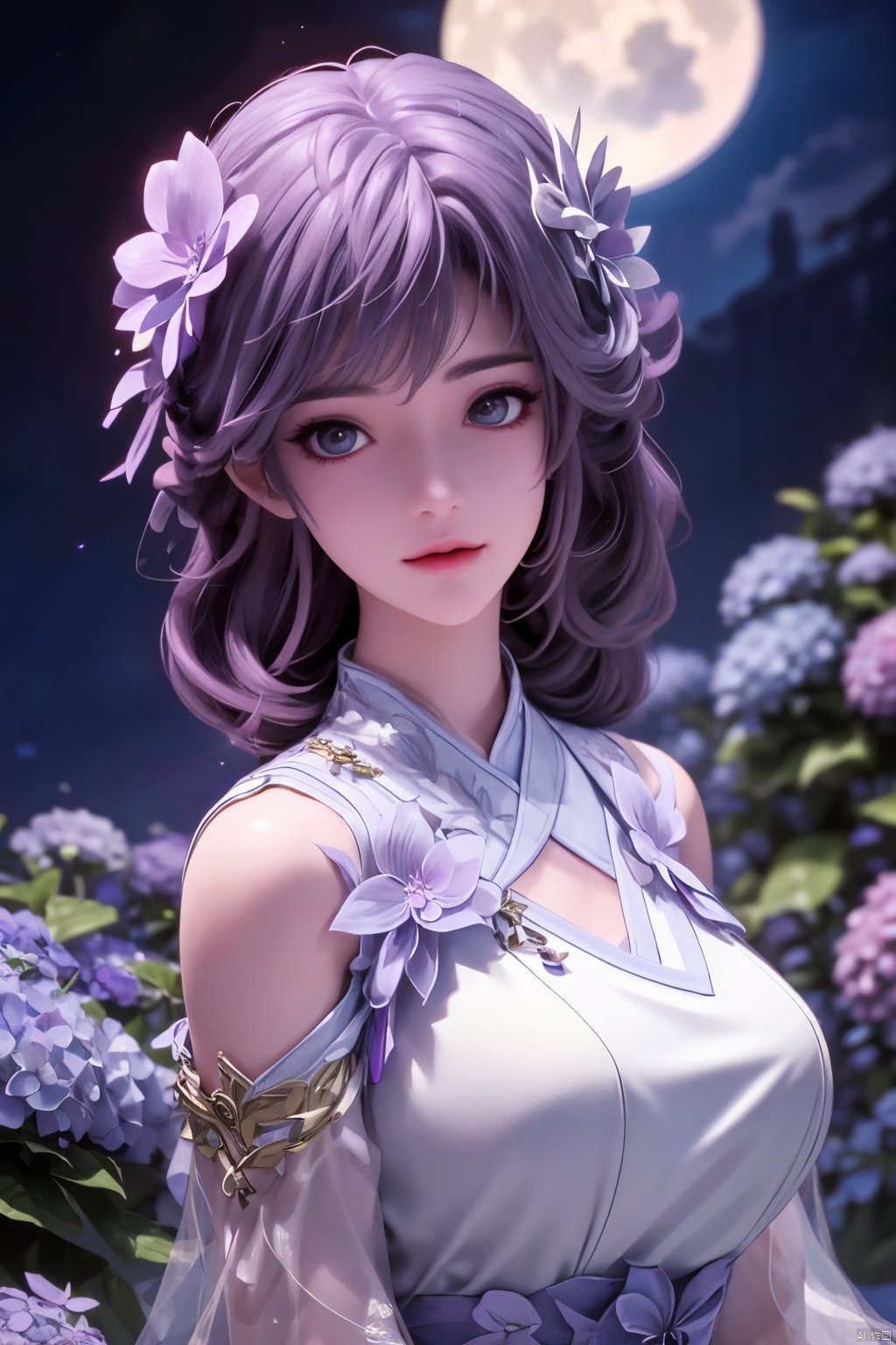 masterpiece, best quality,1girl, hair ornament, solo, purple hair, realistic, flower,perfect body,xyunxi,full moon, octane render, (big breasts:1.29),Xyunxi,x-hydrangea, desert_sky,xhuolinger,xyunluo,depth of field,girl