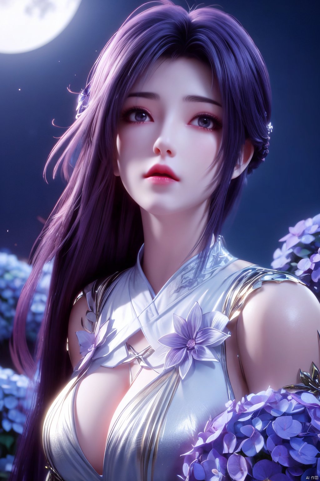 masterpiece, best quality,1girl, hair ornament, solo, purple hair, realistic, flower,perfect body,xyunxi,full moon, octane render, (big breasts:1.29),Xyunxi,x-hydrangea, desert_sky,xhuolinger,xyunluo,depth of field,girl