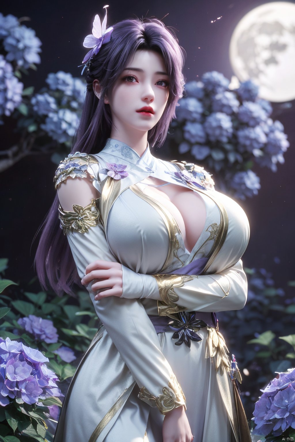 masterpiece, best quality,1girl, hair ornament, solo, purple hair, realistic, flower,perfect body,xyunxi,full moon, octane render, (big breasts:1.29),Xyunxi,x-hydrangea, desert_sky,xhuolinger,xyunluo,depth of field,girl