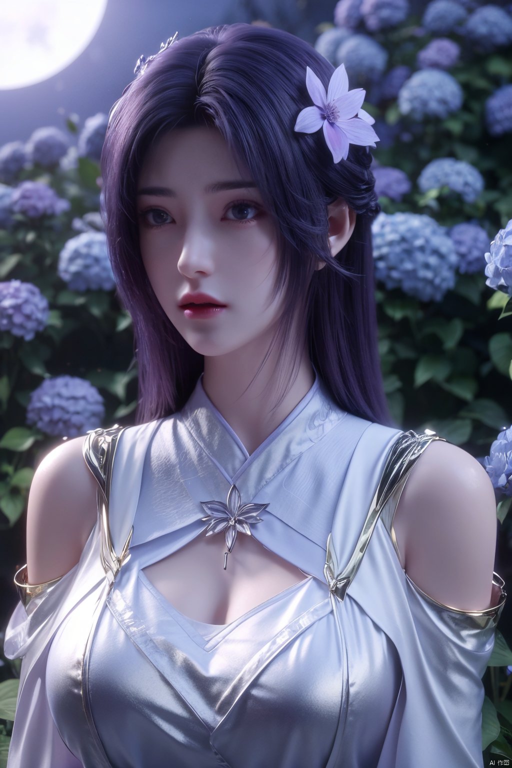 masterpiece, best quality,1girl, hair ornament, solo, purple hair, realistic, flower,perfect body,xyunxi,full moon, octane render, (big breasts:1.29),Xyunxi,x-hydrangea, desert_sky,xhuolinger,xyunluo,depth of field,girl