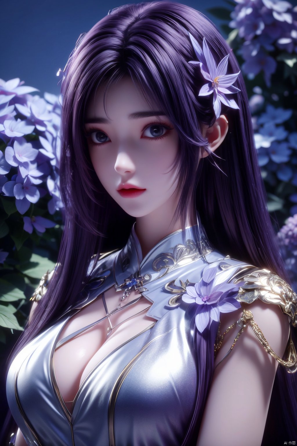 masterpiece, best quality,1girl, hair ornament, solo, purple hair, realistic, flower,perfect body,xyunxi,full moon, octane render, (big breasts:1.29),Xyunxi,x-hydrangea, desert_sky,xhuolinger,xyunluo,depth of field,girl