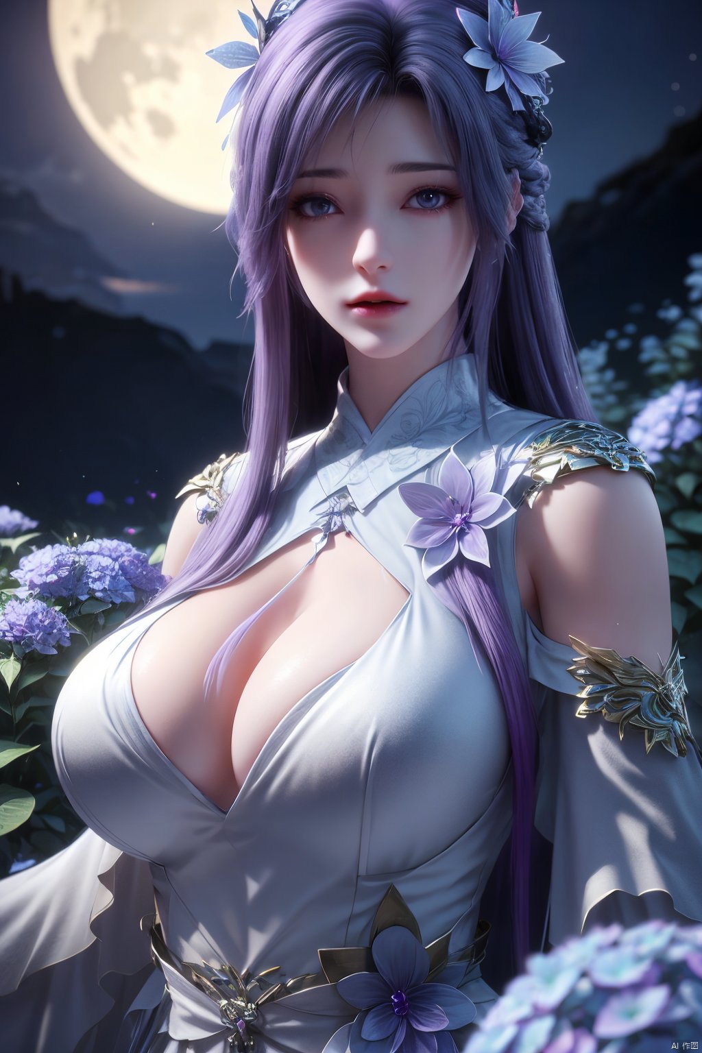 masterpiece, best quality,1girl, hair ornament, solo, purple hair, realistic, flower,perfect body,xyunxi,full moon, octane render, (big breasts:1.29),Xyunxi,x-hydrangea, desert_sky,xhuolinger,xyunluo,depth of field,girl