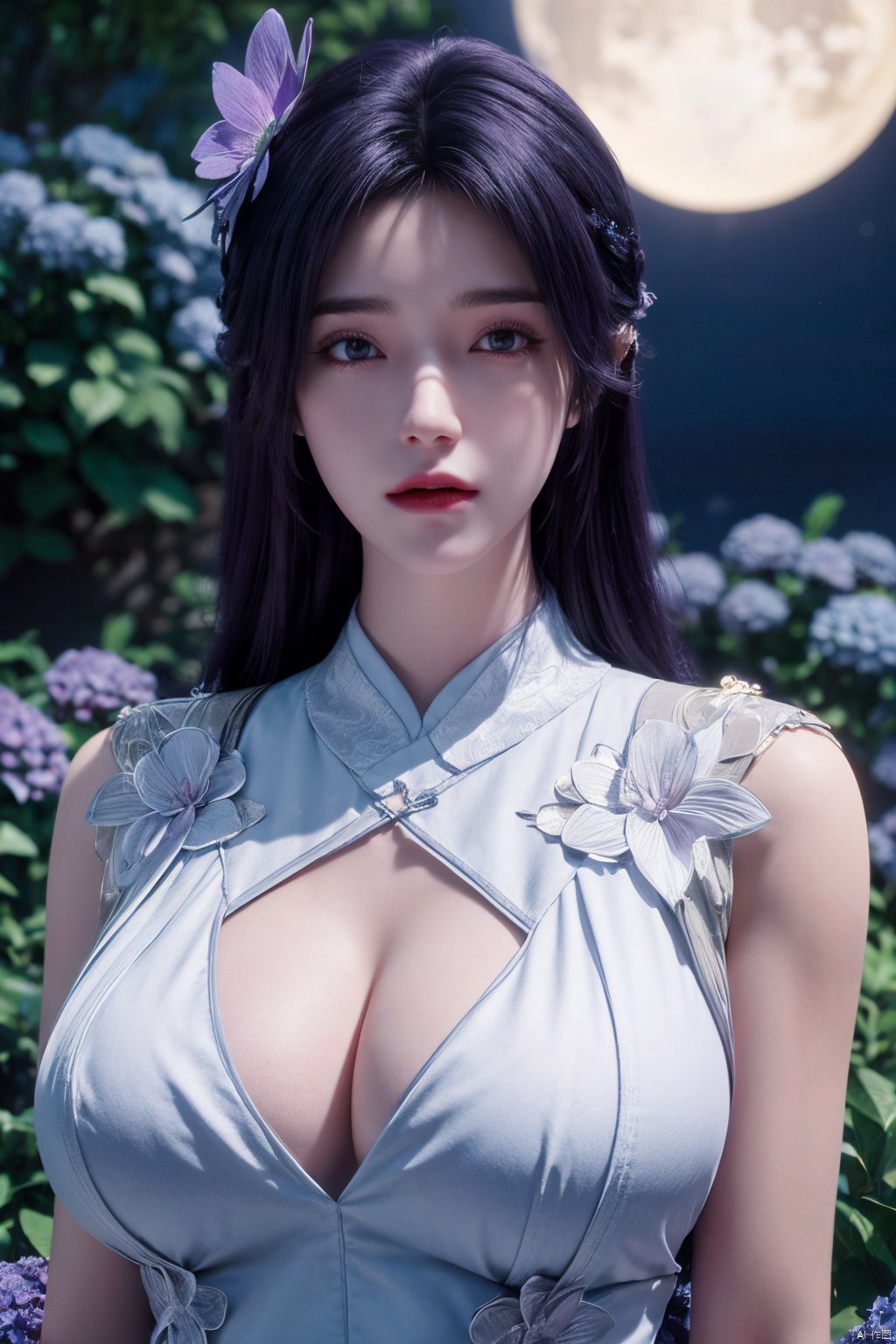 masterpiece, best quality,1girl, hair ornament, solo, purple hair, realistic, flower,perfect body,xyunxi,full moon, octane render, (big breasts:1.29),Xyunxi,x-hydrangea, desert_sky,xhuolinger,xyunluo,depth of field,girl