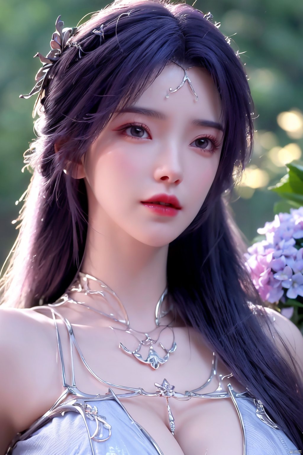 masterpiece, best quality,1girl, hair ornament, solo, long hair, purple hair, realistic, flower, upper body, , closed mouth, lips,Xyunxi,, (big breasts:1.39),depth of field,X-Hydrangea,xhuolinger,Xsulingyun, Yunxiao_Fairy,moyou