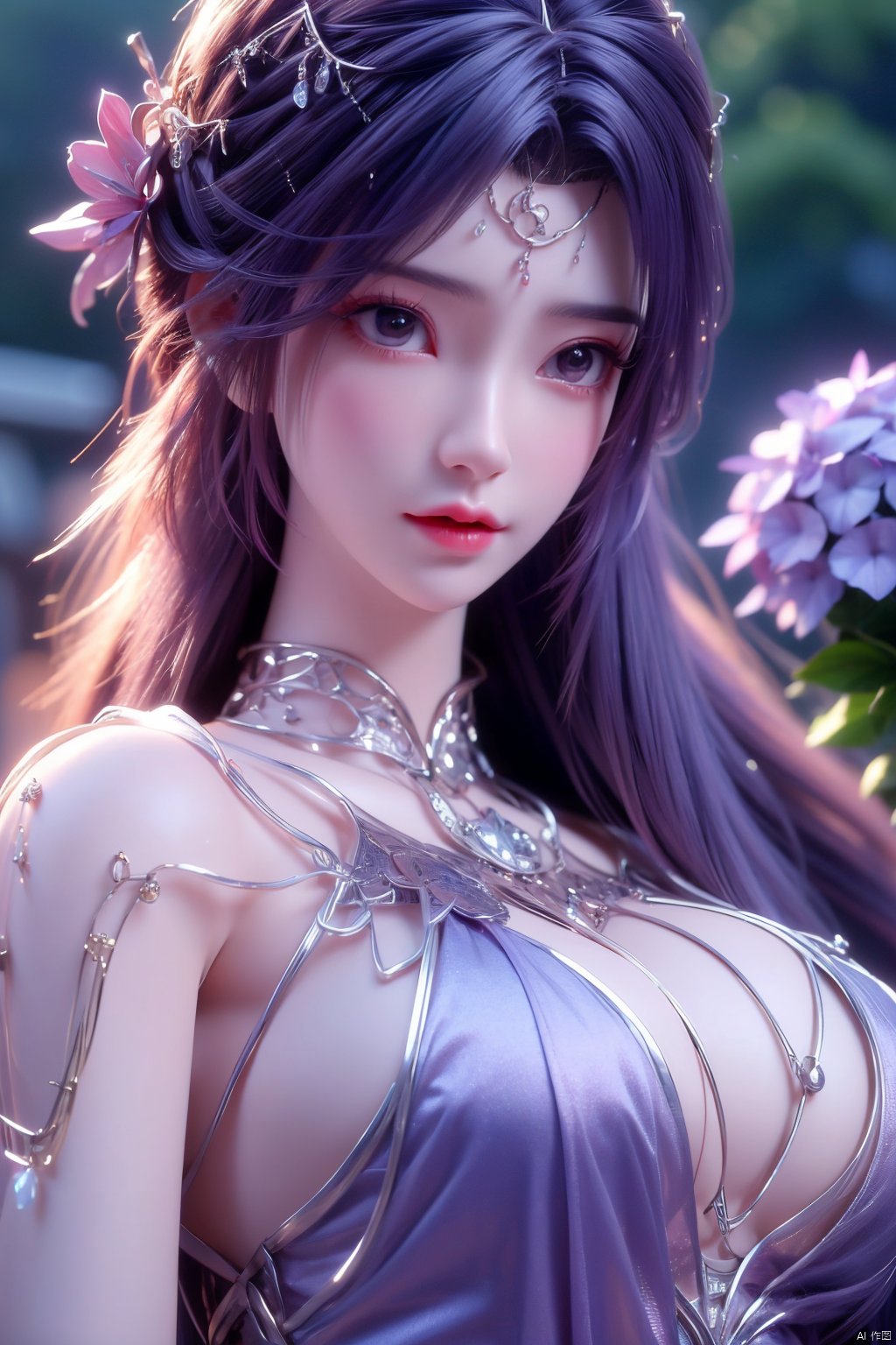 masterpiece, best quality,1girl, hair ornament, solo, long hair, purple hair, realistic, flower, upper body, , closed mouth, lips,Xyunxi,, (big breasts:1.39),depth of field,X-Hydrangea,xhuolinger,Xsulingyun, Yunxiao_Fairy,moyou