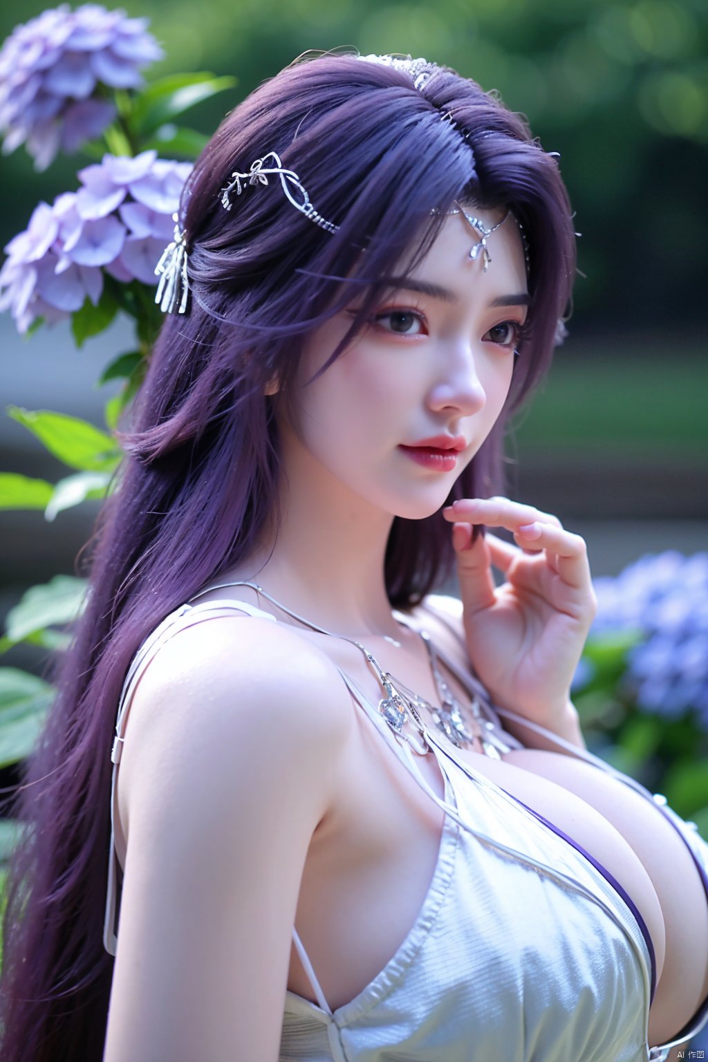 masterpiece, best quality,1girl, hair ornament, solo, long hair, purple hair, realistic, flower, upper body, , closed mouth, lips,Xyunxi,, (big breasts:1.39),depth of field,X-Hydrangea,xhuolinger,Xsulingyun, Yunxiao_Fairy,moyou