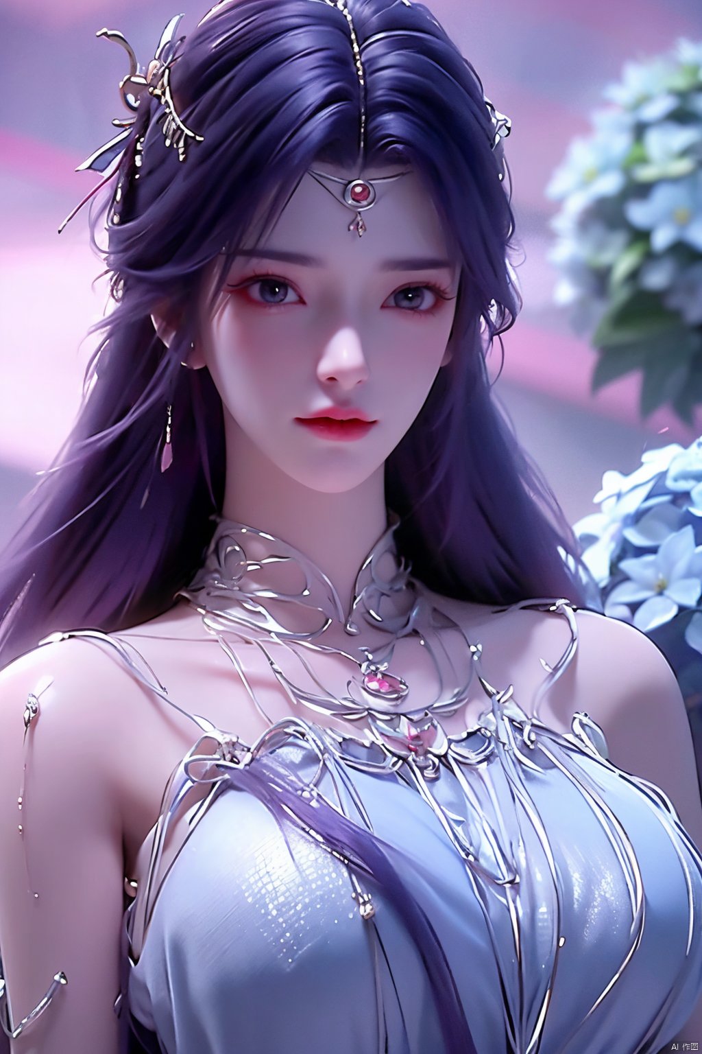 masterpiece, best quality,1girl, hair ornament, solo, long hair, purple hair, realistic, flower, upper body, , closed mouth, lips,Xyunxi,, (big breasts:1.39),depth of field,X-Hydrangea,xhuolinger,Xsulingyun, Yunxiao_Fairy,moyou