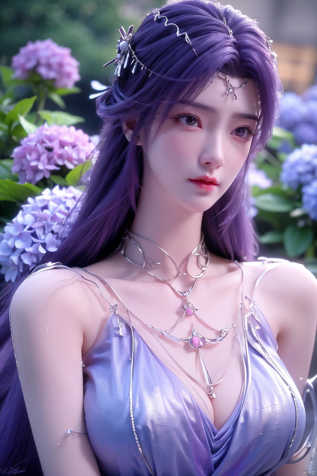 masterpiece, best quality,1girl, hair ornament, solo, long hair, purple hair, realistic, flower, upper body, , closed mouth, lips,Xyunxi,, (big breasts:1.39),depth of field,X-Hydrangea,xhuolinger,Xsulingyun, Yunxiao_Fairy,moyou