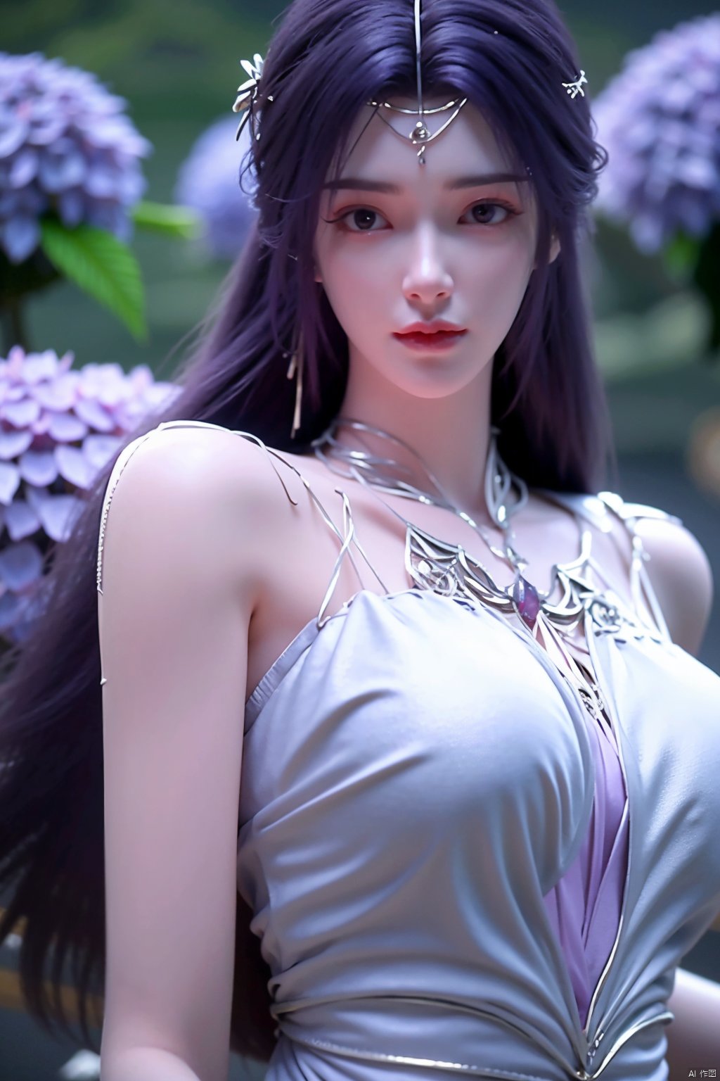 masterpiece, best quality,1girl, hair ornament, solo, long hair, purple hair, realistic, flower, upper body, , closed mouth, lips,Xyunxi,, (big breasts:1.39),depth of field,X-Hydrangea,xhuolinger,Xsulingyun, Yunxiao_Fairy,moyou