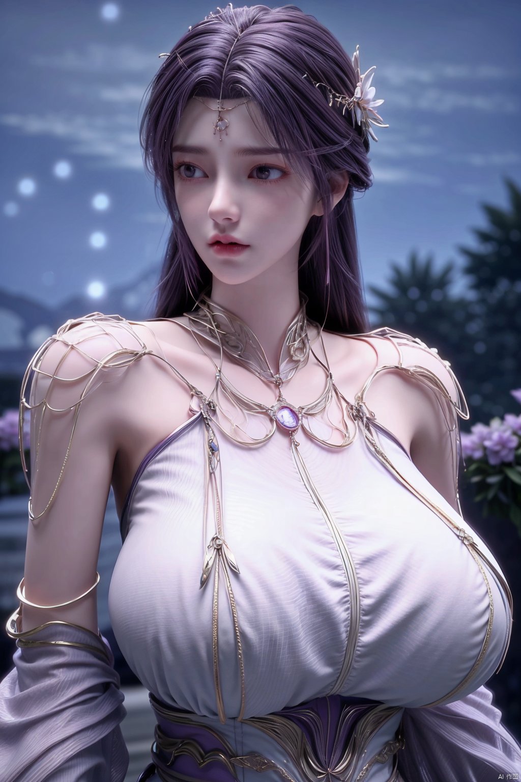 masterpiece, best quality,1girl, hair ornament, solo, long hair, purple hair, realistic, flower, upper body, , closed mouth, lips,Xyunxi,, (big breasts:1.39),depth of field,X-Hydrangea,xhuolinger,Xsulingyun, Yunxiao_Fairy,moyou