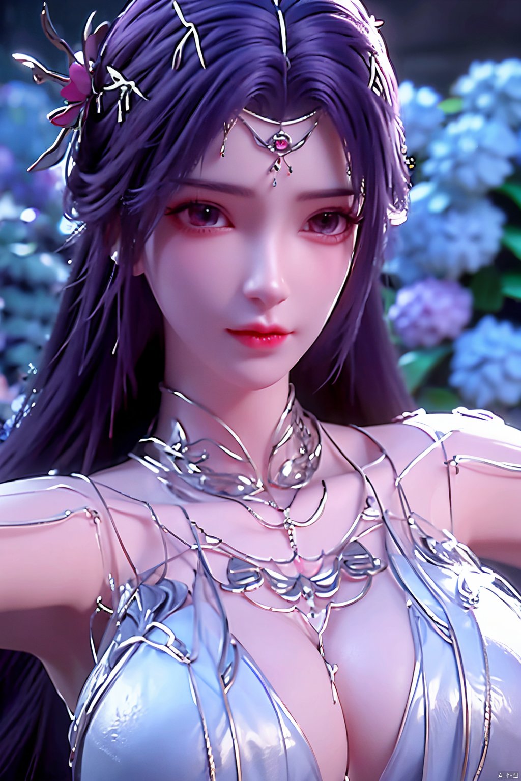 masterpiece, best quality,1girl, hair ornament, solo, long hair, purple hair, realistic, flower, upper body, , closed mouth, lips,Xyunxi,, (big breasts:1.39),depth of field,X-Hydrangea,xhuolinger,Xsulingyun, Yunxiao_Fairy,moyou