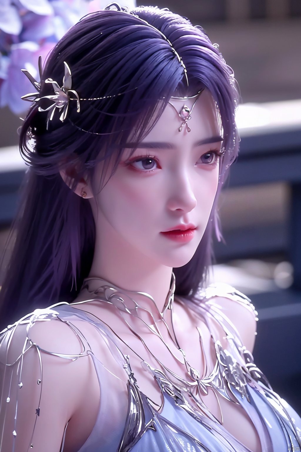 masterpiece, best quality,1girl, hair ornament, solo, long hair, purple hair, realistic, flower, upper body, , closed mouth, lips,Xyunxi,, (big breasts:1.39),depth of field,X-Hydrangea,xhuolinger,Xsulingyun, Yunxiao_Fairy,moyou