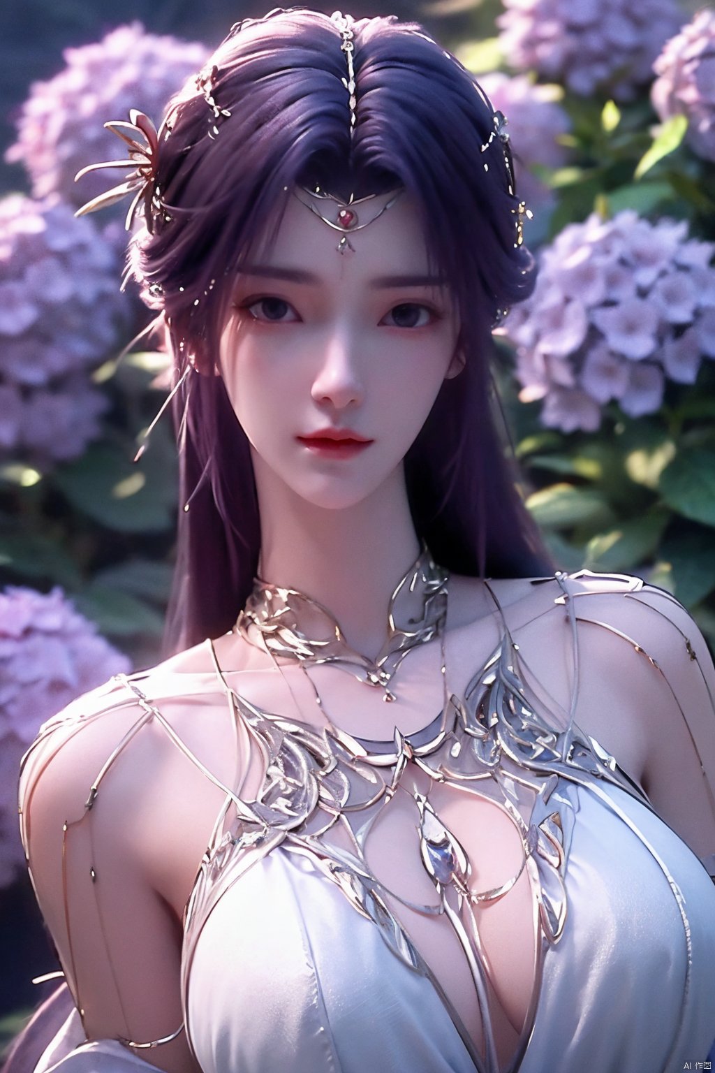 masterpiece, best quality,1girl, hair ornament, solo, long hair, purple hair, realistic, flower, upper body, , closed mouth, lips,Xyunxi,, (big breasts:1.39),depth of field,X-Hydrangea,xhuolinger,Xsulingyun, Yunxiao_Fairy,moyou