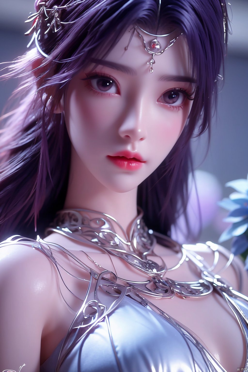 masterpiece, best quality,1girl, hair ornament, solo, long hair, purple hair, realistic, flower, upper body, , closed mouth, lips,Xyunxi,, (big breasts:1.39),depth of field,X-Hydrangea,xhuolinger,Xsulingyun, Yunxiao_Fairy,moyou