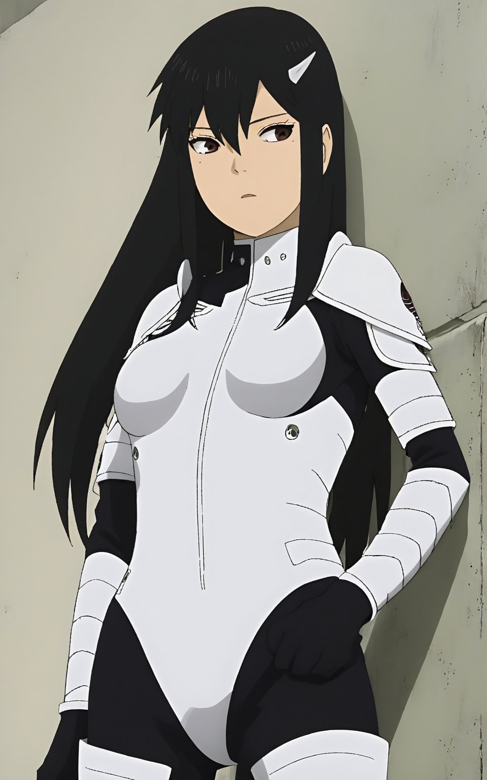 Kaiju No. 8, Mina Ashiro with long black hair and a white uniform is looking off to the side while standing in front of a wall, armor bodysuit