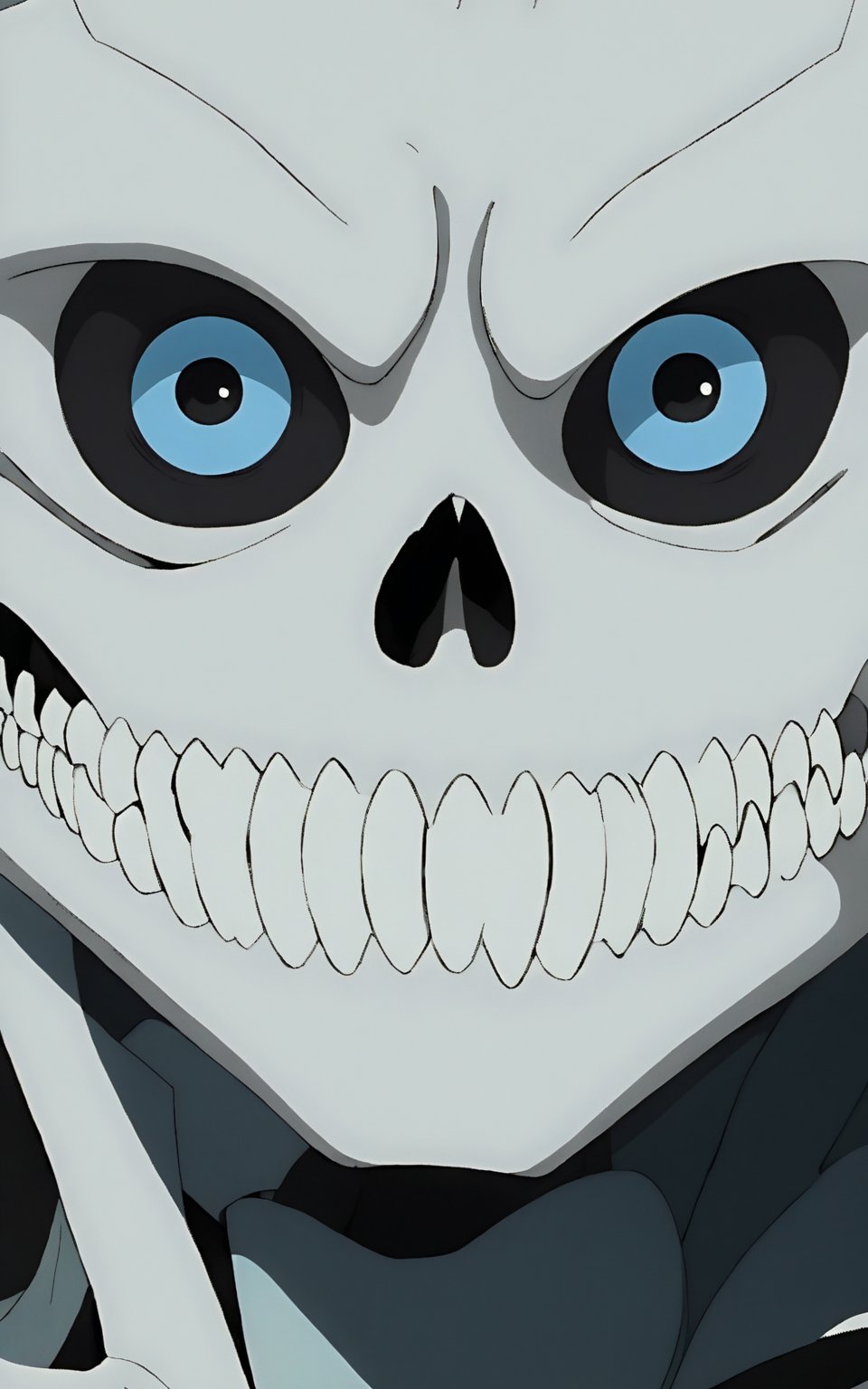 Kaiju No. 8, kafka hibino kaiju form, a close up of the face of a skeleton with blue eyes and an evil look on it's face