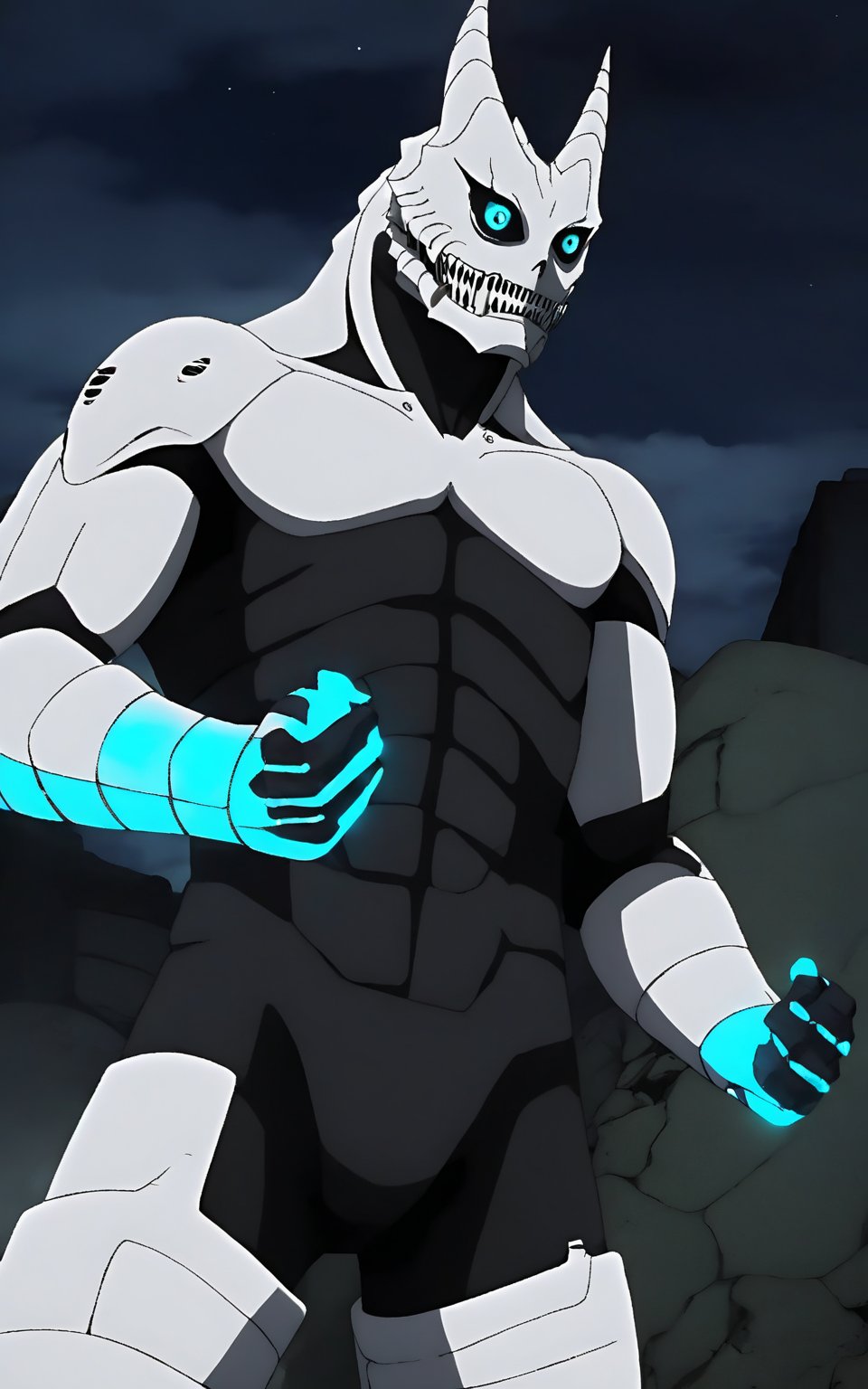 Kaiju No. 8, kafka hibino kaiju form, white armor bodysuit with glowing blue lights on his arms and legs