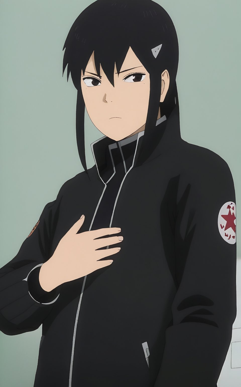 Kaiju No. 8, Mina Ashiro with black hair wearing a black jacket and holding his hand to his chest while looking at the camera