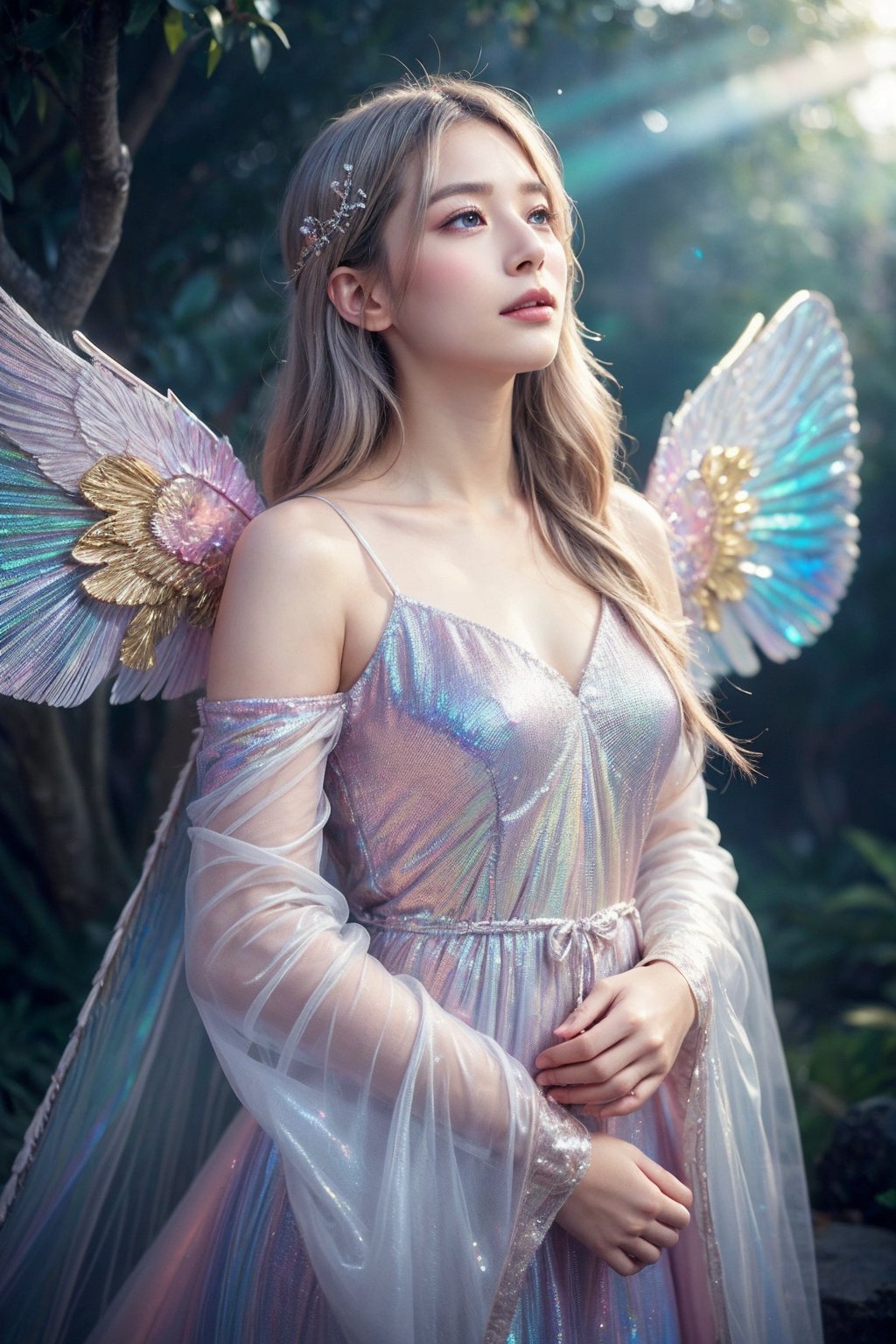 (masterpiece, best quality, CGI, official art:1.2), (stunning celestial being:1.3), (iridescent wings:1.4), shimmering silver hair, piercing sapphire eyes, gentle smile, (luminous aura:1.2), soft focus, whimsical atmosphere, serene emotion, dreamy tone, vibrant intensity, inspired by Hayao Miyazaki's style, ethereal aesthetic, pastel colors with (soft pink accents:1.1), warm mood, soft golden lighting, diagonal shot, looking up in wonder, surrounded by (delicate clouds:1.1) and (shimmering stardust:1.2), focal point on the being's face, intricate textures on wings and clothes, highly realistic fabric texture, atmospheric mist effect, high image complexity, detailed environment, subtle movement of wings, dynamic energy.