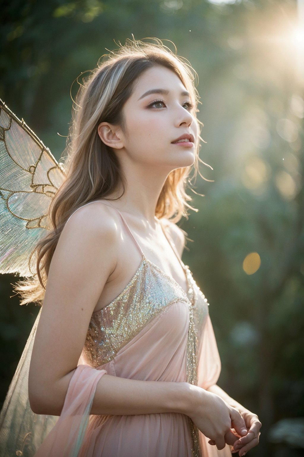 (masterpiece, best quality, CGI, official art:1.2), (stunning celestial being:1.3), (iridescent wings:1.4), shimmering silver hair, piercing sapphire eyes, gentle smile, (luminous aura:1.2), soft focus, whimsical atmosphere, serene emotion, dreamy tone, vibrant intensity, inspired by Hayao Miyazaki's style, ethereal aesthetic, pastel colors with (soft pink accents:1.1), warm mood, soft golden lighting, diagonal shot, looking up in wonder, surrounded by (delicate clouds:1.1) and (shimmering stardust:1.2), focal point on the being's face, intricate textures on wings and clothes, highly realistic fabric texture, atmospheric mist effect, high image complexity, detailed environment, subtle movement of wings, dynamic energy