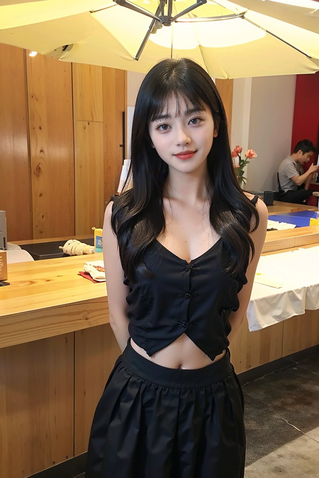 best quality,masterpiece,ultra high res,looking at viewer,simple background, 1girl, solo, looking_at_viewer, black hair,realistic,(standing),slim,(smile)(,hands_behind_back:1.2),