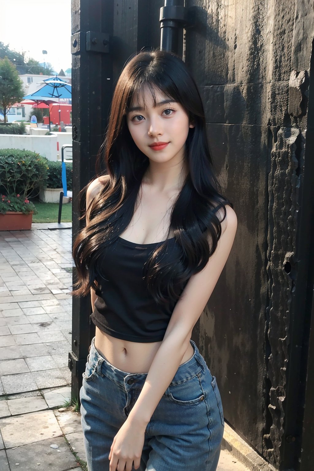 best quality,masterpiece,ultra high res,looking at viewer,simple background, 1girl, solo, looking_at_viewer, black hair,realistic,(standing),slim,(smile)(,hands_behind_back:1.2),