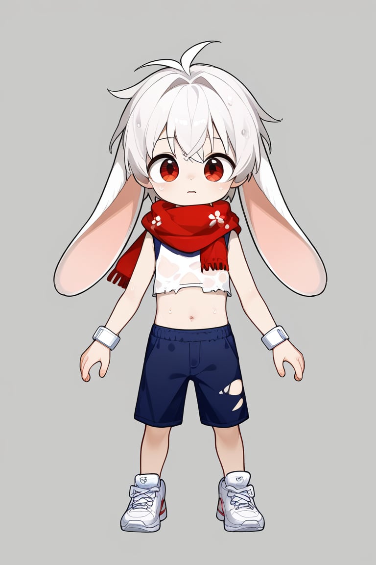 solo,male,shota,lop_boy,long ear,white ear,white hair,red eyes,BREAK,
red scarf, torn scarf,BREAK,
sneakers,crop_top,
wet,
score_9,score_8_up,score_7_up,score_6_up,score_5_up,score_4_up,masterpiece,chibi